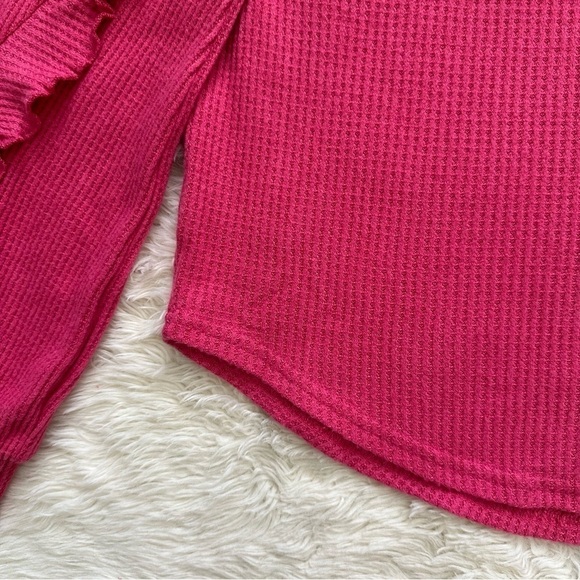 Anthropologie Pilcro Top Ruffled V-Neck Shirt Waffle Knit Raspberry Pink L - Picture 7 of 12